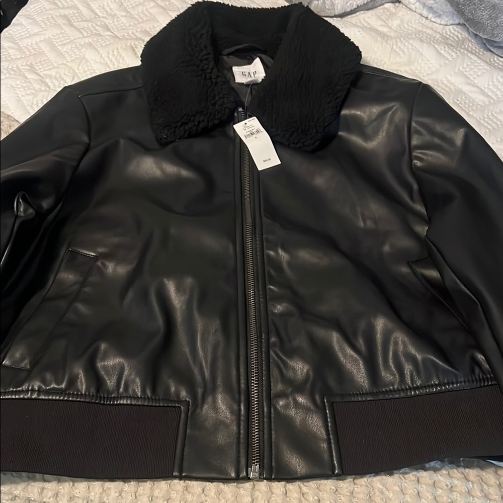 GAP Black Faux Leather Jacket with Shearling Collar